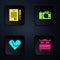 Set Bedroom, Marriage contract, Broken heart or divorce and Photo camera. Black square button. Vector