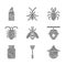 Set Bee, Fly swatter, Beekeeper hat, Hive for bees, Glass jar, Larva insect, Beetle deer and Spray against insects icon