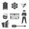 Set of beekeeping Equipment silhouette icons. Vector. Set include beekeeper, bee, beehive, bee smoker, honeycombs