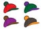 Set of berets with a pompom and a visor. Isolated outline multicolored drawing