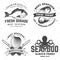 Set of best seafood badges. Fresh dorade, octopus, shrimp, mussels and clams. Vector illustration. For seafood emblem