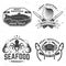 Set of best seafood badges. Fresh tuna, octopus, trout, shrimp, dressed crab, mussels and clams. Vector. For seafood