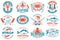 Set of best seafood badges. Fresh tuna, octopus, trout, shrimp, dressed crab, mussels and clams. Vector. For seafood