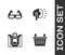 Set Bicycle basket, Sport cycling sunglasses, Hiking backpack and head lamp icon. Vector