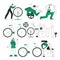 Set of bicycle repair service characters and tools