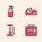 Set Bicycle repair service, Sport bottle with water, on street ramp and pump icon. Vector