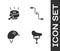 Set Bicycle seat, bell, helmet and pedals icon. Vector