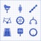 Set Bicycle wheel, parking, brake calipers, lane, frame, chain and seat icon. Vector