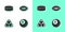 Set Billiard pool snooker ball, Hockey puck, balls in rack triangle and American Football icon. Vector