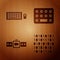 Set Binary code, Keyboard and mouse, Smartwatch and Pills in blister pack on wooden background. Vector.
