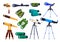 Set of binoculars and telescopes of different types. Modern and ancient optical means. Vector illustration on a white