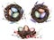 Set of bird nests with watercolor painted eggs. Branches, nest, pussy willow, lavender, feathers, eggs. Spring illustrations for