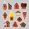 Set of birdboxes stickers. Different wooden handmade bird houses, cartoon homemade nesting boxes for birds, vector