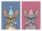 Set of birthday gray girl and brown boy French Bulldog dog with pink and blue party hat and ribbon, graphic vector illustration,