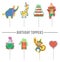 Set of Birthday party templates with cute animals. Anniversary cake toppers collection. Bright pre-made holiday event designs for