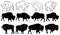 Set of bison. Collection of stylized bison silhouettes. Black and white illustration of a large horned animal. Tattoo.