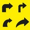 Set of black arrows right turn on a yellow background
