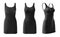 Set of black bodycon sleeveless basic everyday tank tee dress round neck, front back side view on transparent, PNG