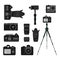 Set of black camera accessory icons on white background. Photography equipment flat vector illustrations. Camera, camera lenses