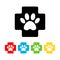 Set of black cross with paw veterinary care symbol icon. veterinary pharmacy sign