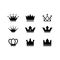 Set of black crowns on white background
