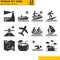 Set of black flat travel and vacation vector icons. Sunset, windsurf, swimming, speed boat, plane, surfing and more