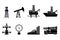 Set of black flat vector oil and gas icons: onshore and offshore drilling signs, drilling rig, sucker rod pump, gas processing