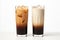 Set of black iced coffee and iced latte coffee with milk in tall glass isolated on white background