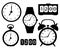 Set of black icon silhouette clocks and watches alarm digital electronic stopwatch wristwatch wall clock cartoon vector illustrati