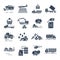 Set of black icons agricultural machinery, equipment, farming