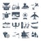 Set of black icons airport and airplane, control tower