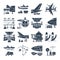 Set of black icons airport and airplane, freight