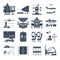 Set of black icons airport and airplane, ground handling, plane
