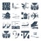 Set of black icons airport and airplane, terminal, runway