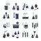 Set of black icons chemical laboratory equipment and flask
