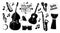 Set Of Black Icons Instruments For Playing Latino Music. Contrabass, Guitar, Drums, Saxophone And Tambourine