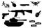 Set of black icons of weapons: machine gun and two grenades, human icon and mine, knife and pistol, military drone and panzer