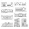 Set of black line style icons facade store and shop, home and office. Sketch outline town of commercial architecture