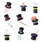 Set of black magic hats with miracles vector illustration