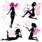 Set of black and pink silhouette fairy girls with butterflies an