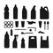 Set of black plastic objects on white background. Silhouette of plastic garbage Bottle, bag, straw, spoon, fork. Plastic pollution