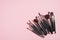 Set of black professional makeup brushes on pink background. Flat lay, top view. Makeup shop banner design