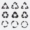 Set of black recycle arrows icons on a transparent background in a flat design