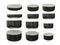 Set of black round bottom tin cans in various sizes, clipping pa