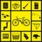 Set of black silhouette icons of bicycle accessories.