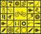 Set of black silhouette icons of bicycle spare parts.
