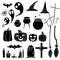 Set of black silhouette llustrations for the holiday Halloween. Witch hats, brooms, cauldrons, tombstones, pumpkins, bats