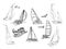 A set of black silhouette sailboats, a set of sailboat badges. doodle style. Vector collection