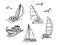 A set of black silhouette sailboats, a set of sailboat badges. doodle style. Vector collection