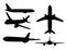 Set of black silhouettes big passenger airplane turbine jet flat vector illustration isolated on white background